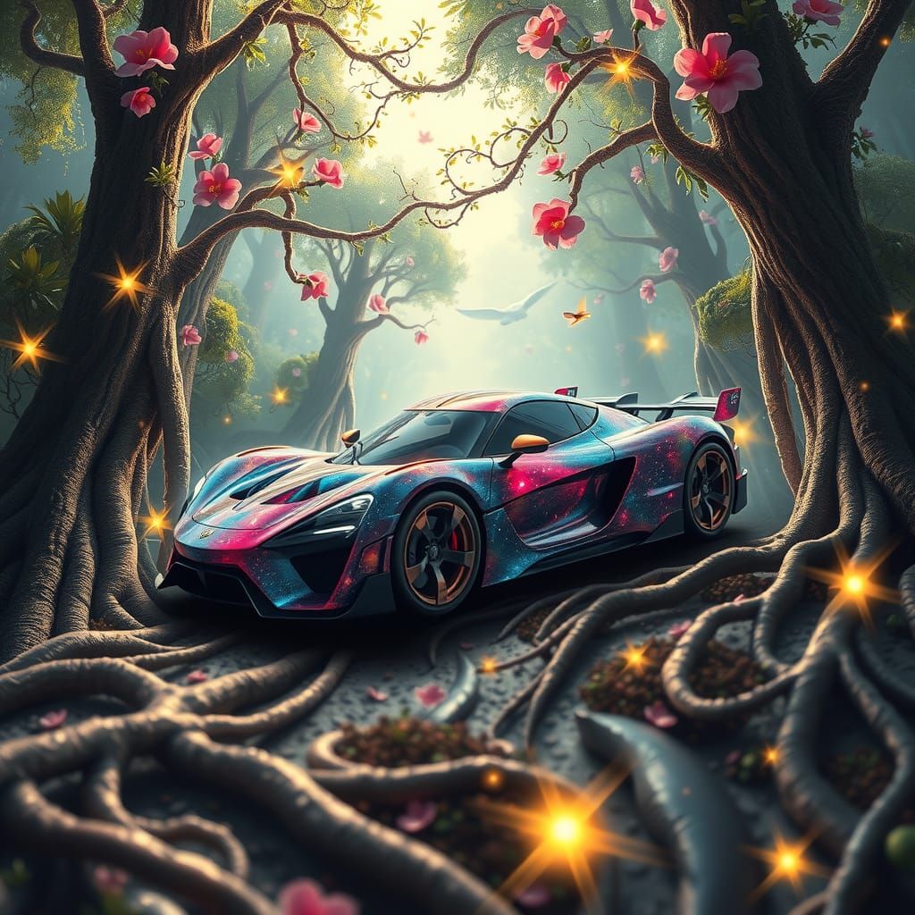 Galaxy Supercar in Inverted Magical Forest, Sci-Fi Art