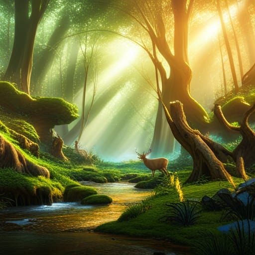 Deer Dancing in Magic Forest with Heavenly Rays