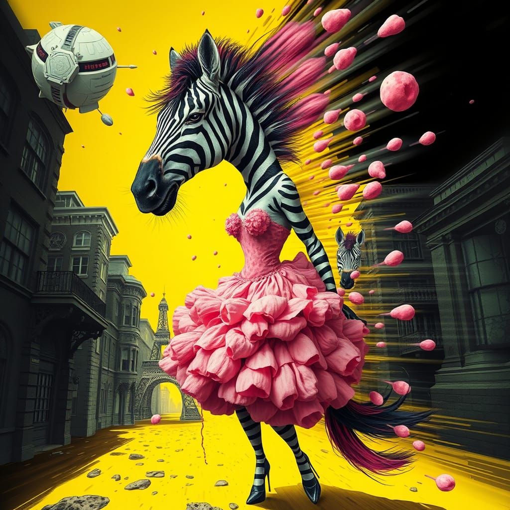 Surreal Zebra Woman in Dystopian Cityscape