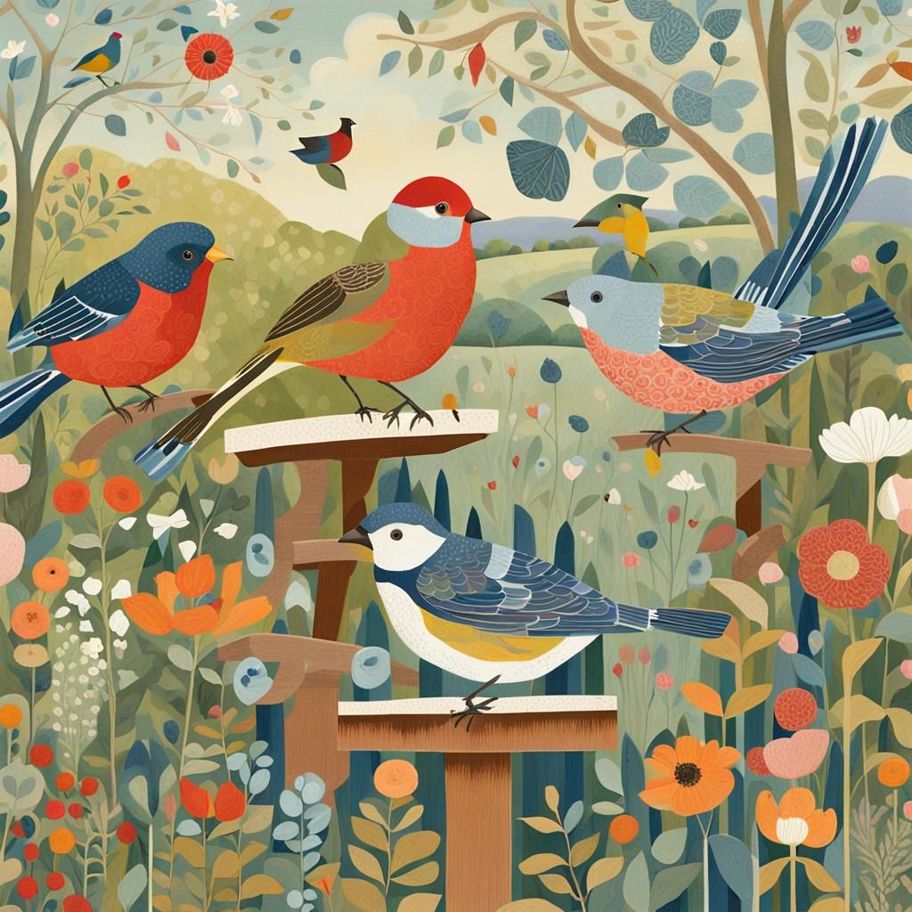 Garden Birds at Cotswold Cottage, Impressionistic Folk Art