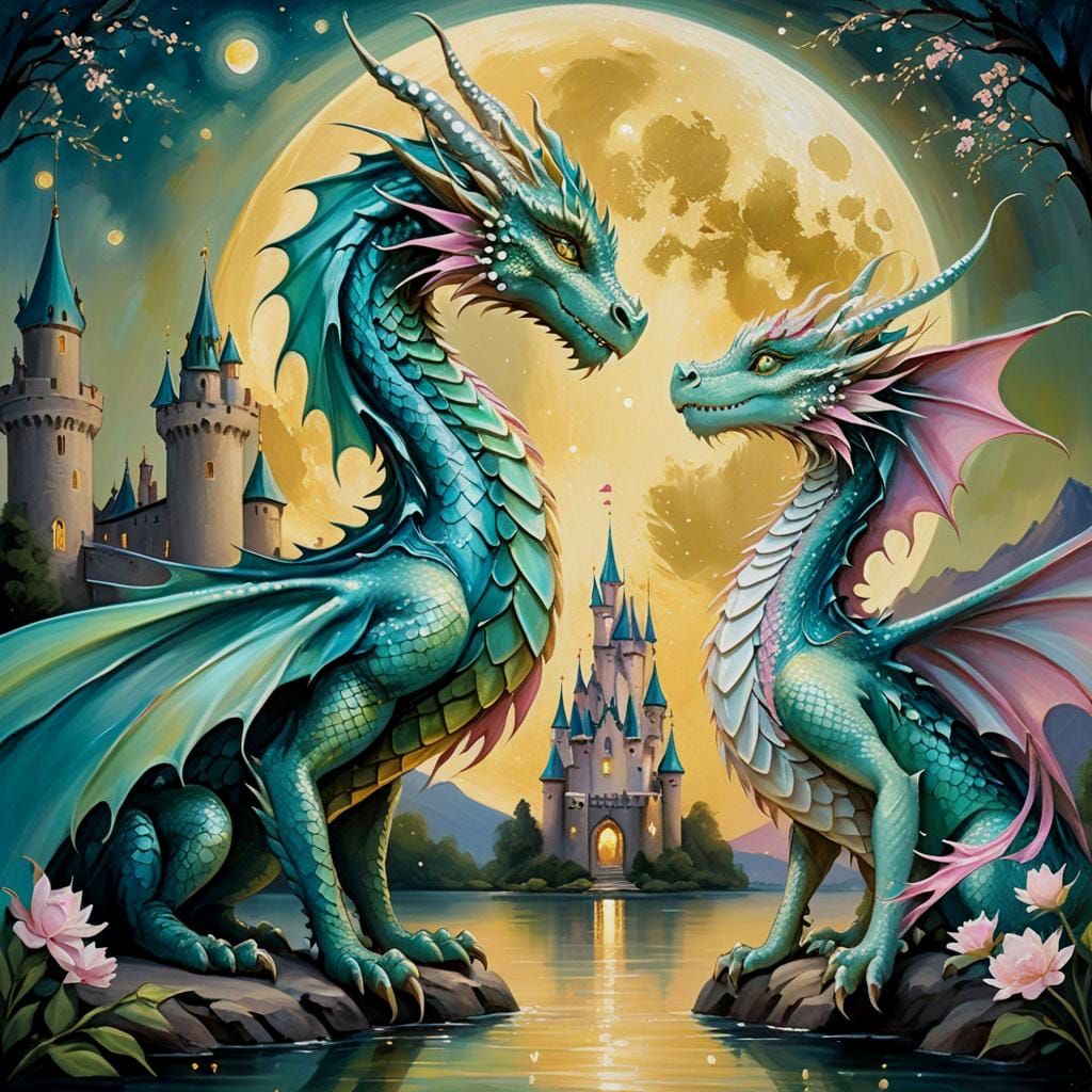 Dragons' Romantic Night Under Golden Moon