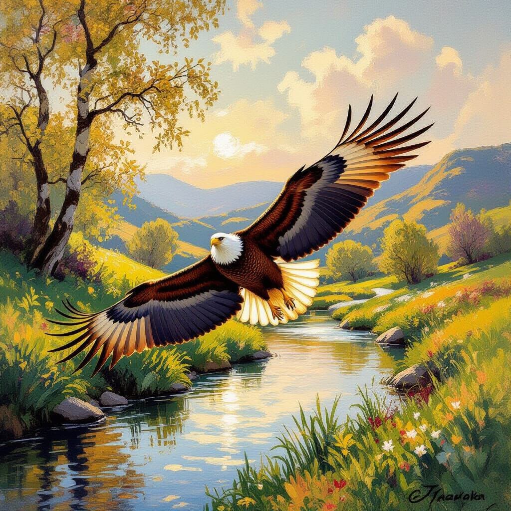 Majestic Eagle Soars Through Spring Landscape in Impressioni...