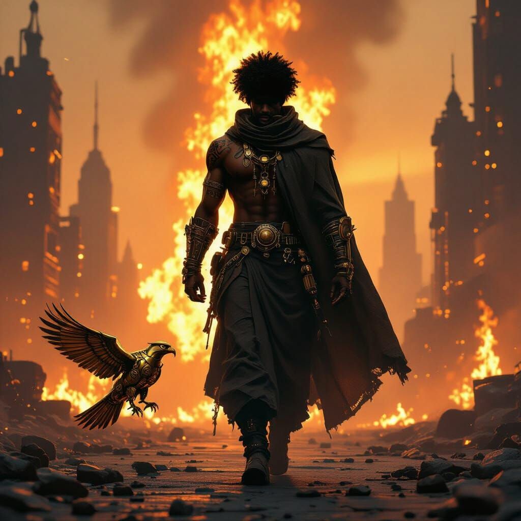 Afro-Futuristic Steampunk Hero in Burning City