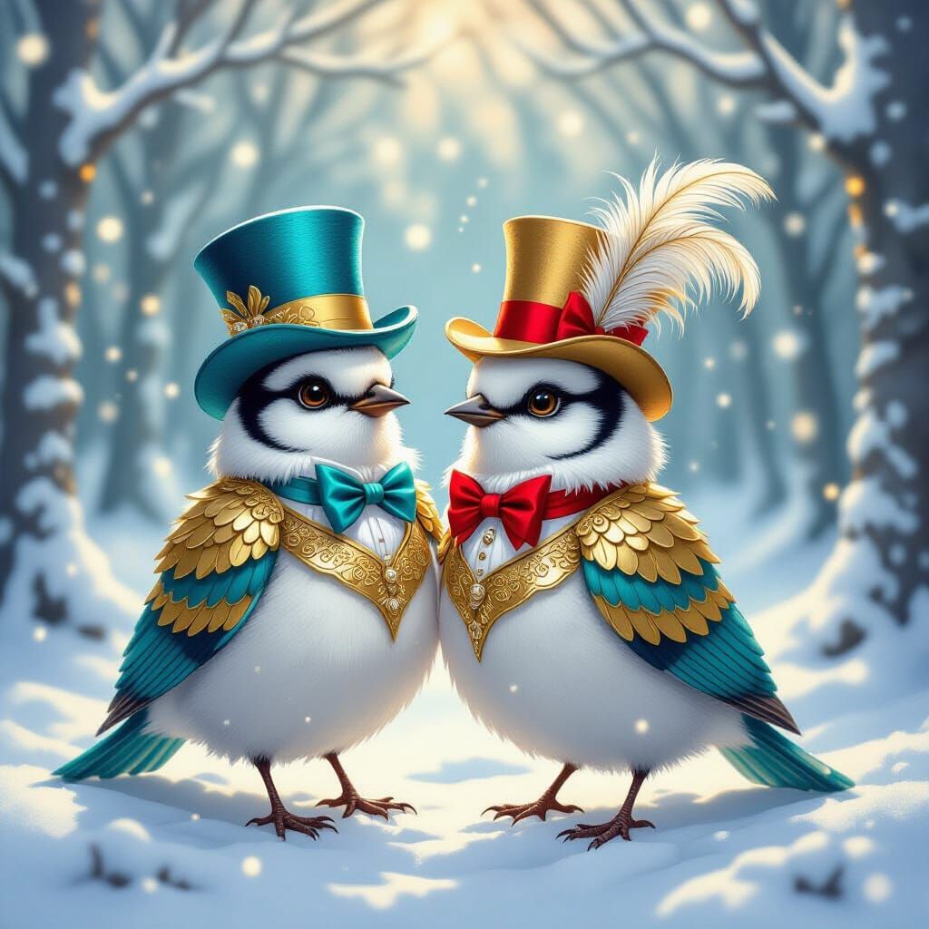 Fantasy Birds in Victorian Attire in Snowy Forest