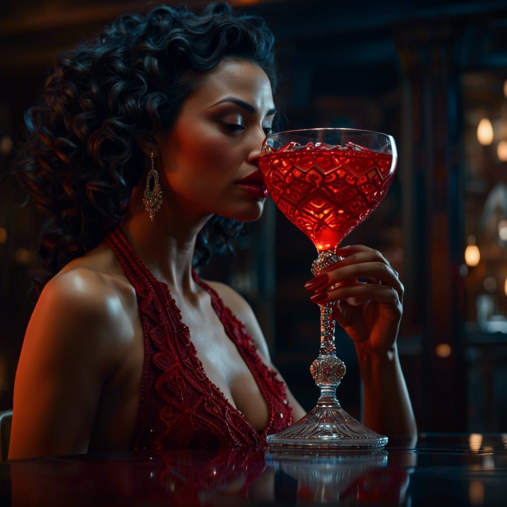 Nude Woman Drinks Blood in Hyperrealistic Detail