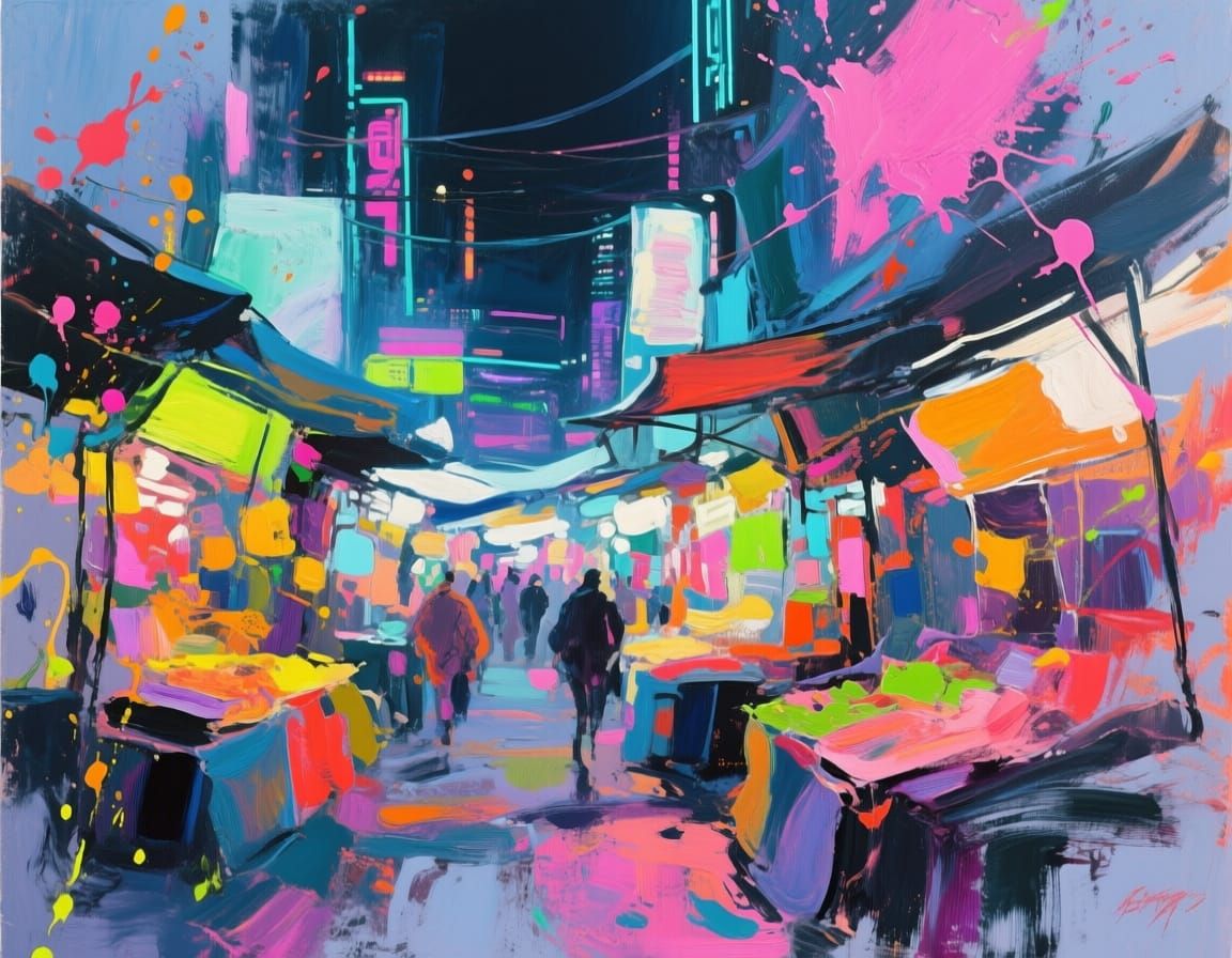 Cyberpunk Market Abstract Expressionism