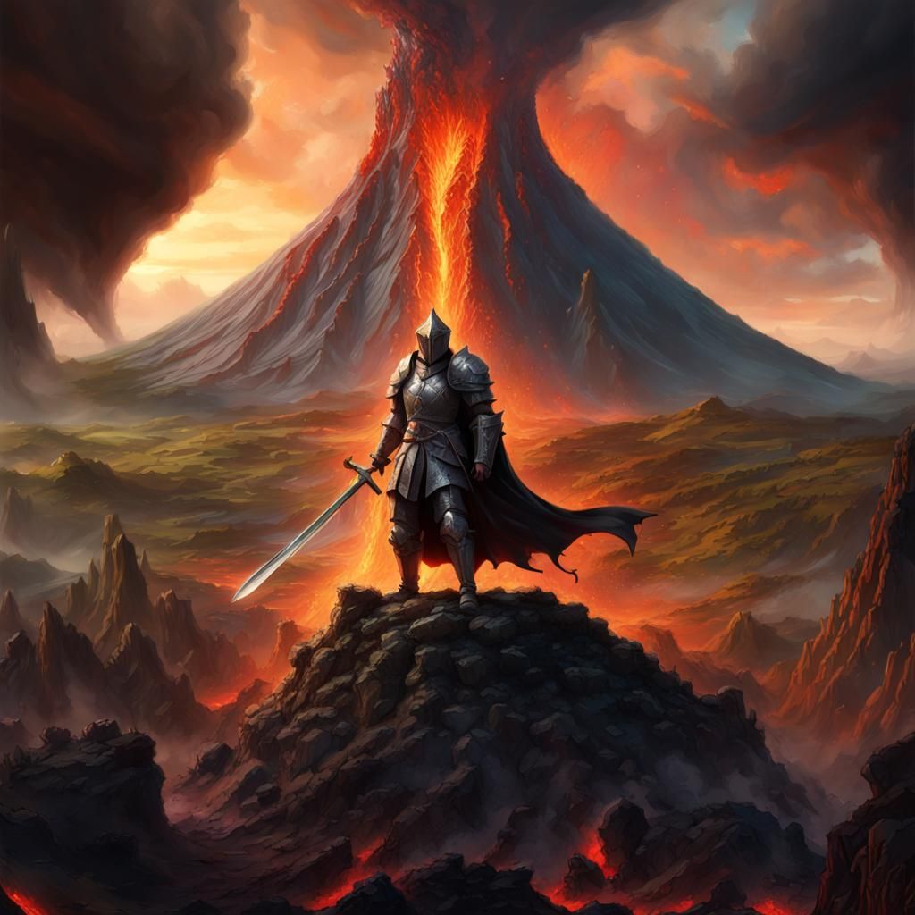 Black Knight and Volcano: Dark Fantasy Art