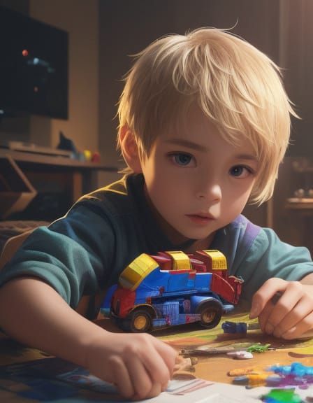 Boy Plays With Toys: Vibrant Digital Art
