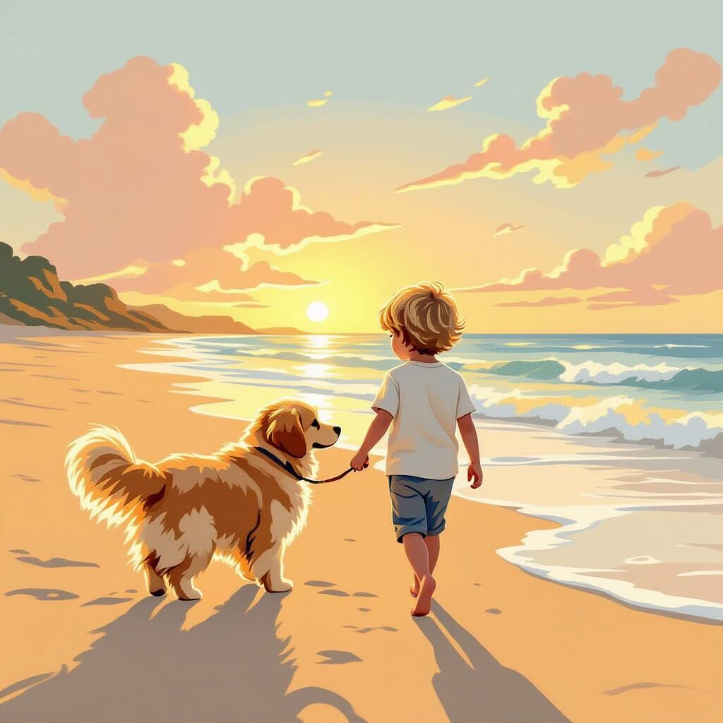 Boy Walks Golden Retriever on Sunrise Beach in Storybook Sty...