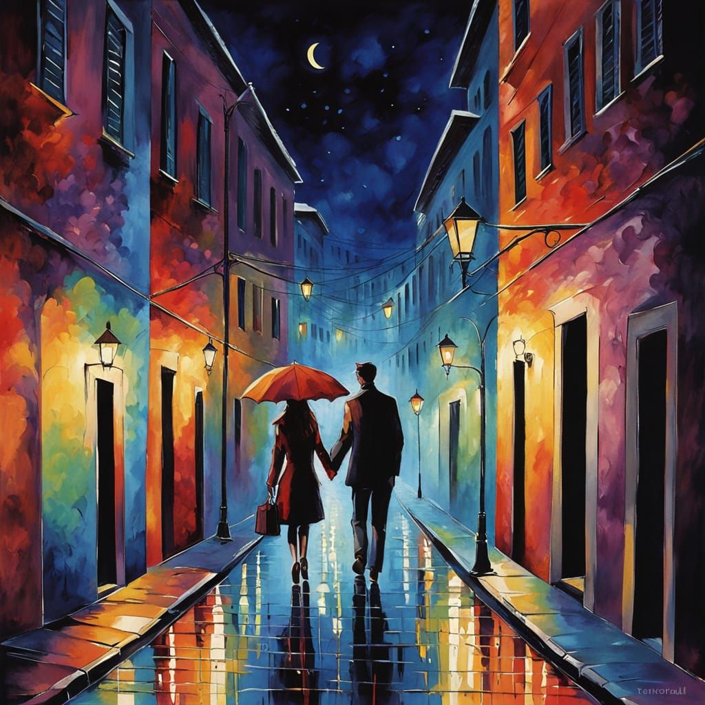 Romantic Night Alley Painting: Couple's Intimate Stroll