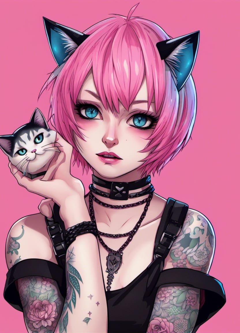 Anime Neko with Pink Hair and Goth Style