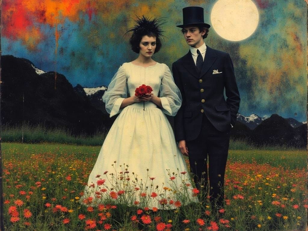 Dreamy Wedding Scene in a Vibrant Wildflower Field