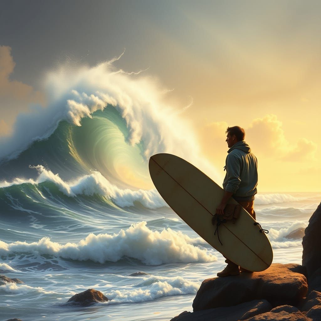 Surfer Contemplates Mighty Tidal Wave at Sunset
