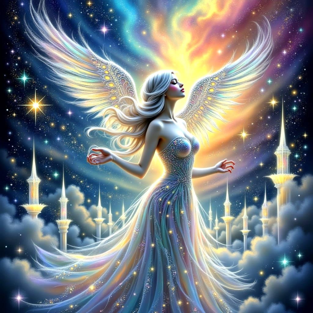 Ethereal Angel Nebulon in a Dreamlike Retro Chic Environment