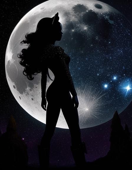 Surreal Star Map with Full Moon and Silhouettes