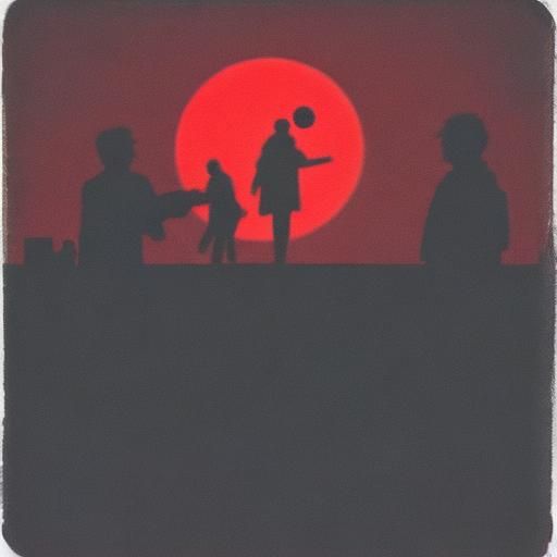 Silhouetted Figures Watching a Red Moon