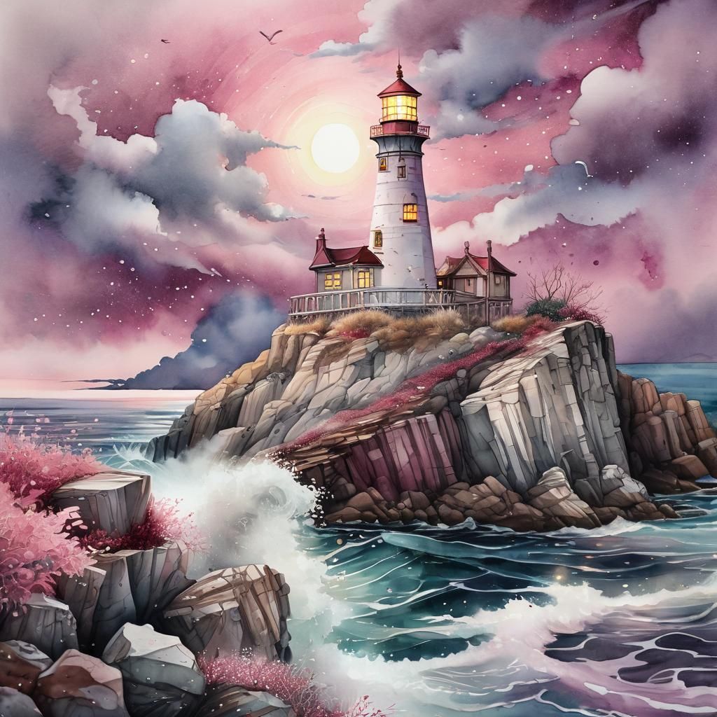Surreal Watercolor Lighthouse on Rocky Seaside Cliff