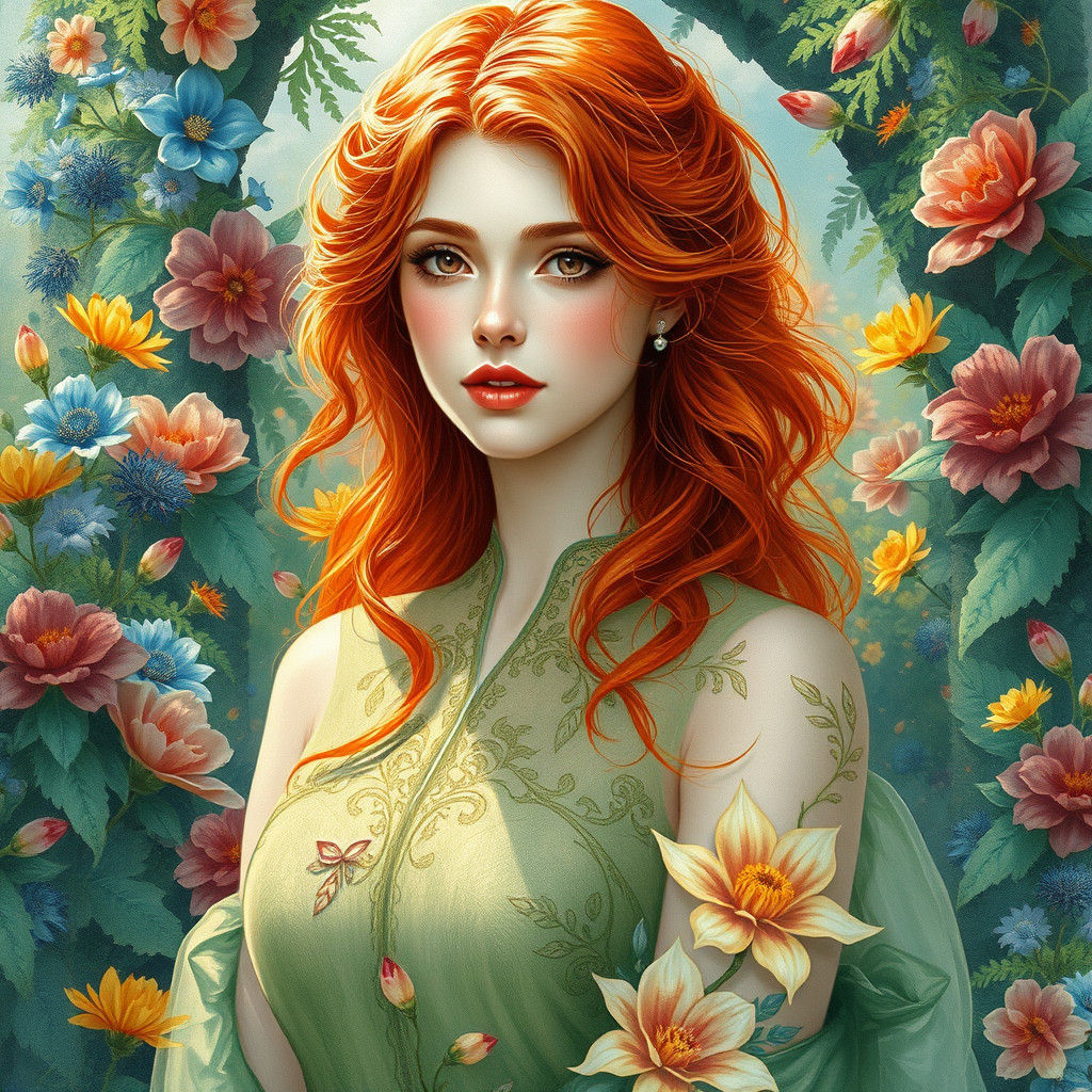 Ethereal Woman in Floral Garden: Airbrushed Oil Painting