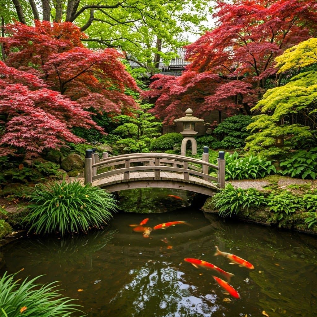 Traditional Japanese Garden with Koi Pond and Lanterns