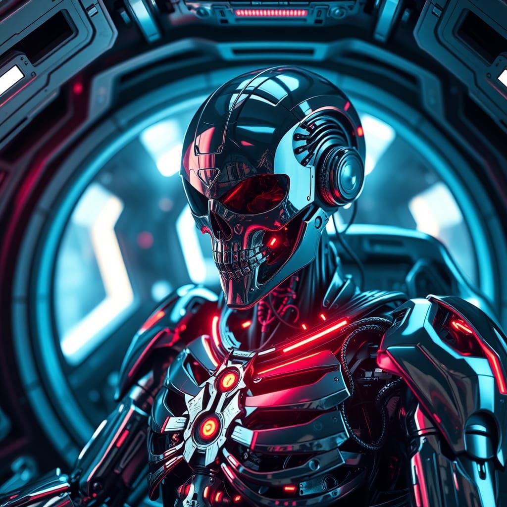 Ultra-Detailed Cyborg in Spaceship with Neon Lights