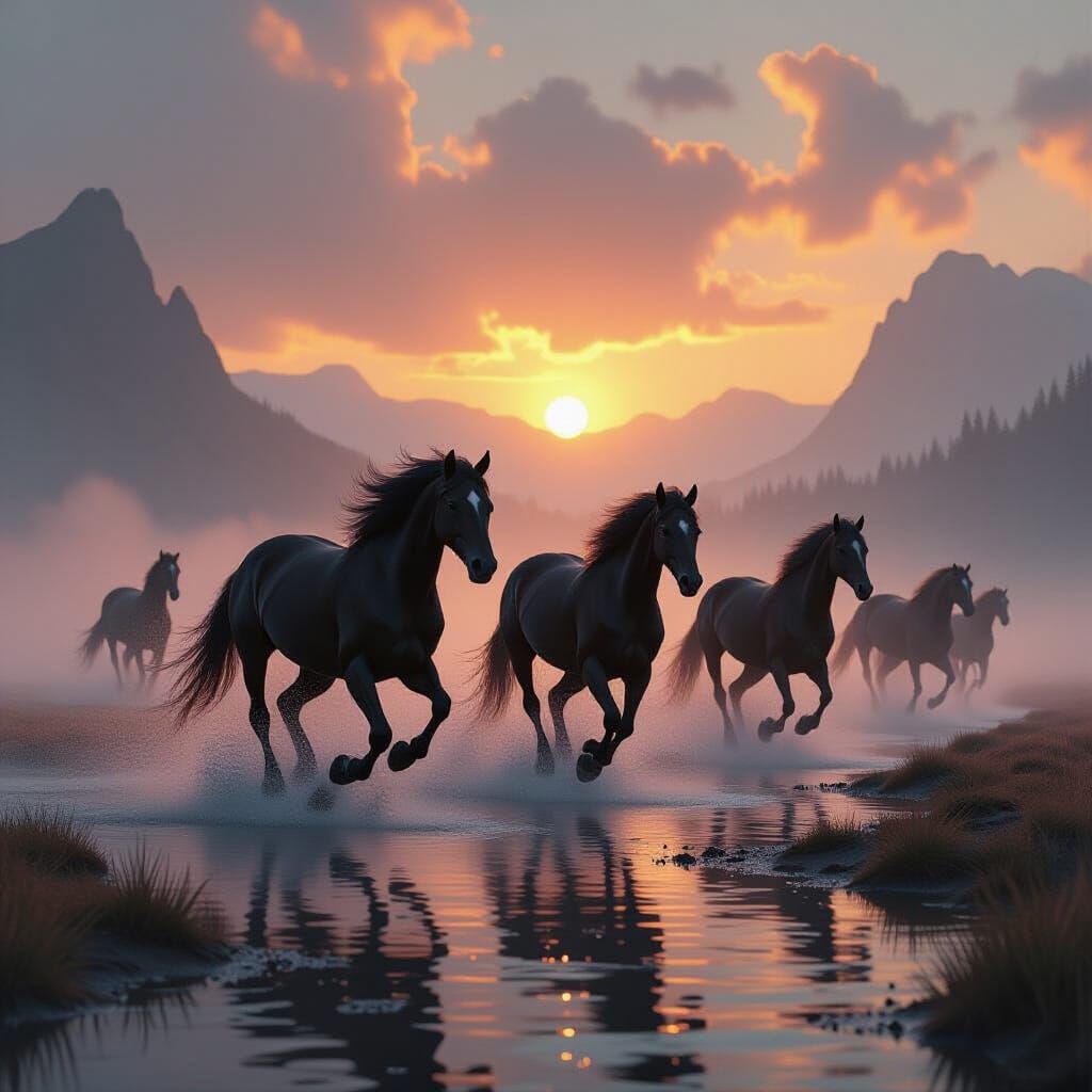 Black Mares Galloping Through a Misty Dreamscape