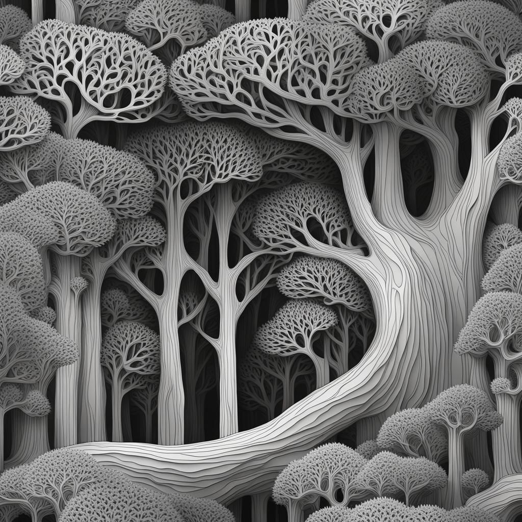 Dark Forest with Human-Shaped Trees in Abstract Style