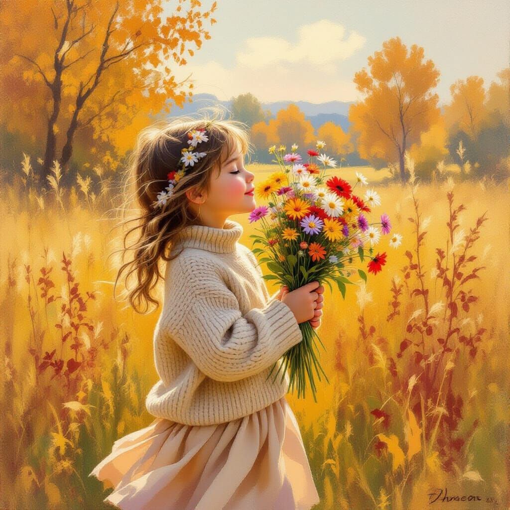Girl Enjoying Flowers in Autumn Field Impressionist Style