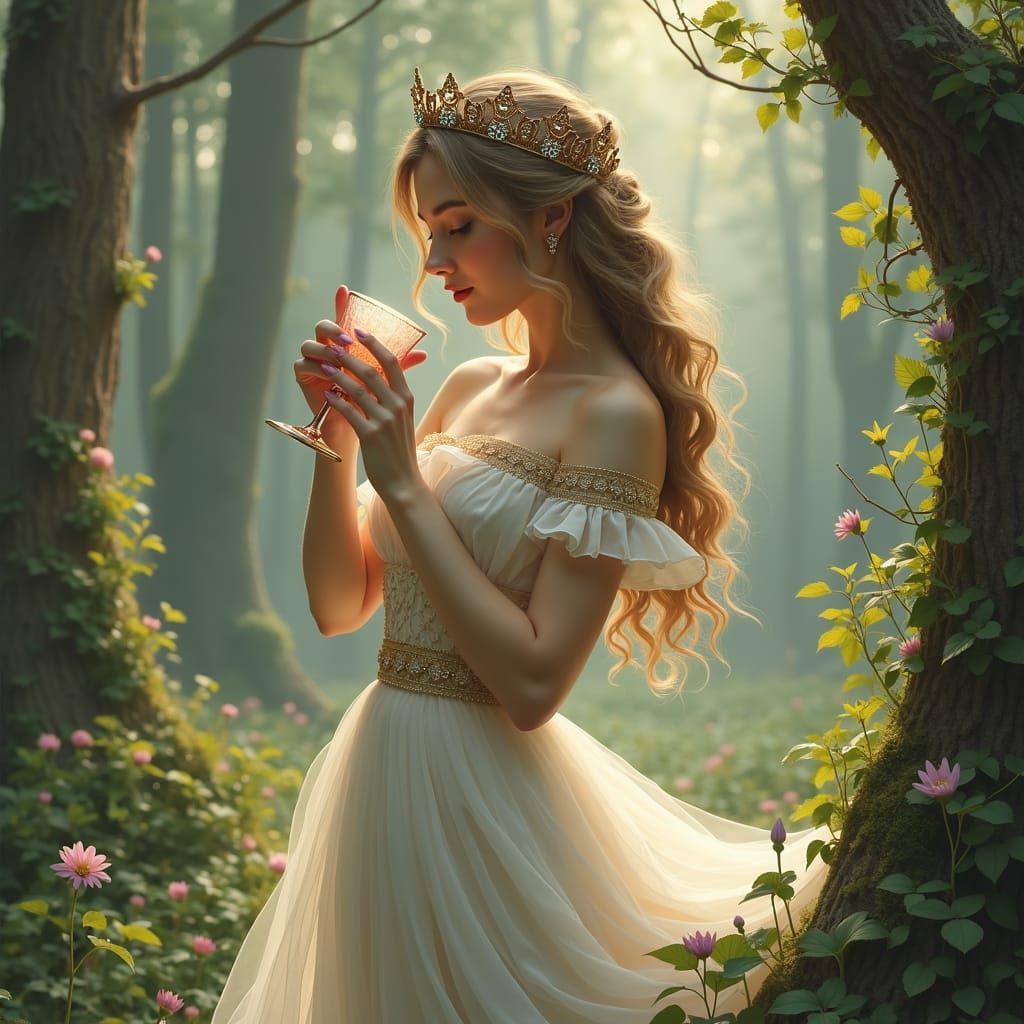 Enchanted Forest Scene with Woman in Gown