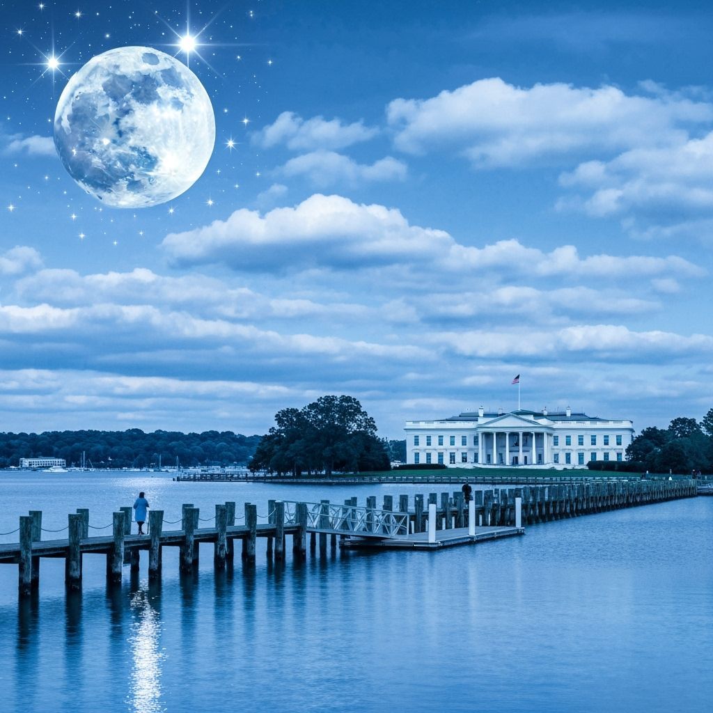 Mystical Moonlit Scene with White House on Pier