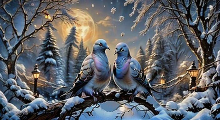 Whimsical Winter Doves in Moonlit Victorian Gardens