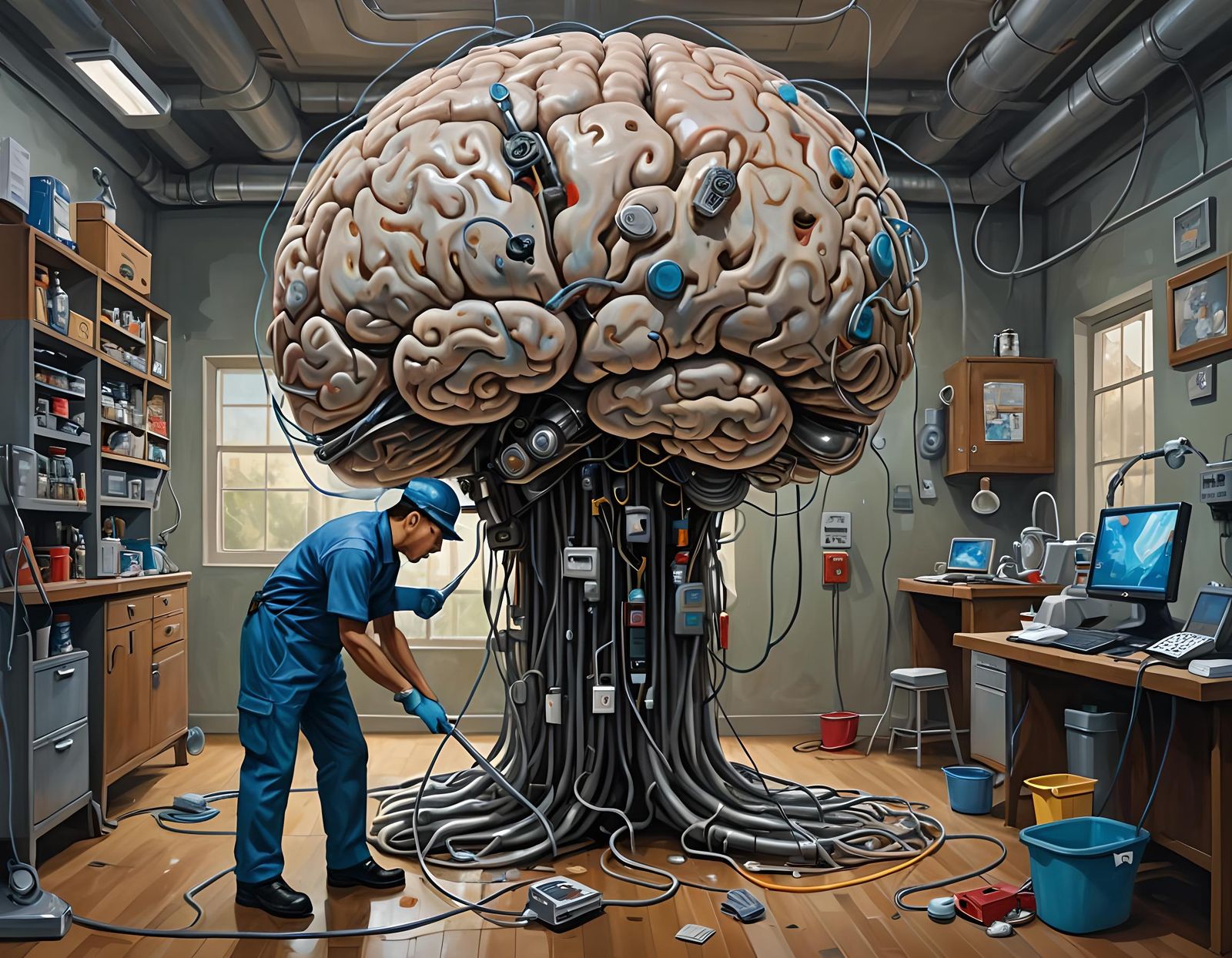 Whimsical Janitor Cleans Brain in Futuristic Oil Painting