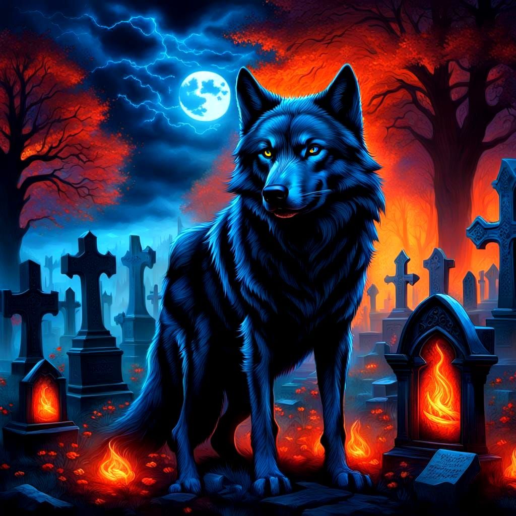 Mystical Black Wolf in Gothic Cemetery