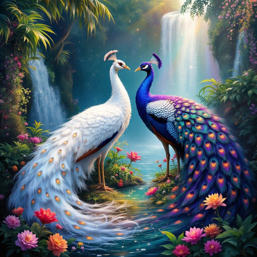 Majestic Peacocks in Vibrant Tropical Landscape