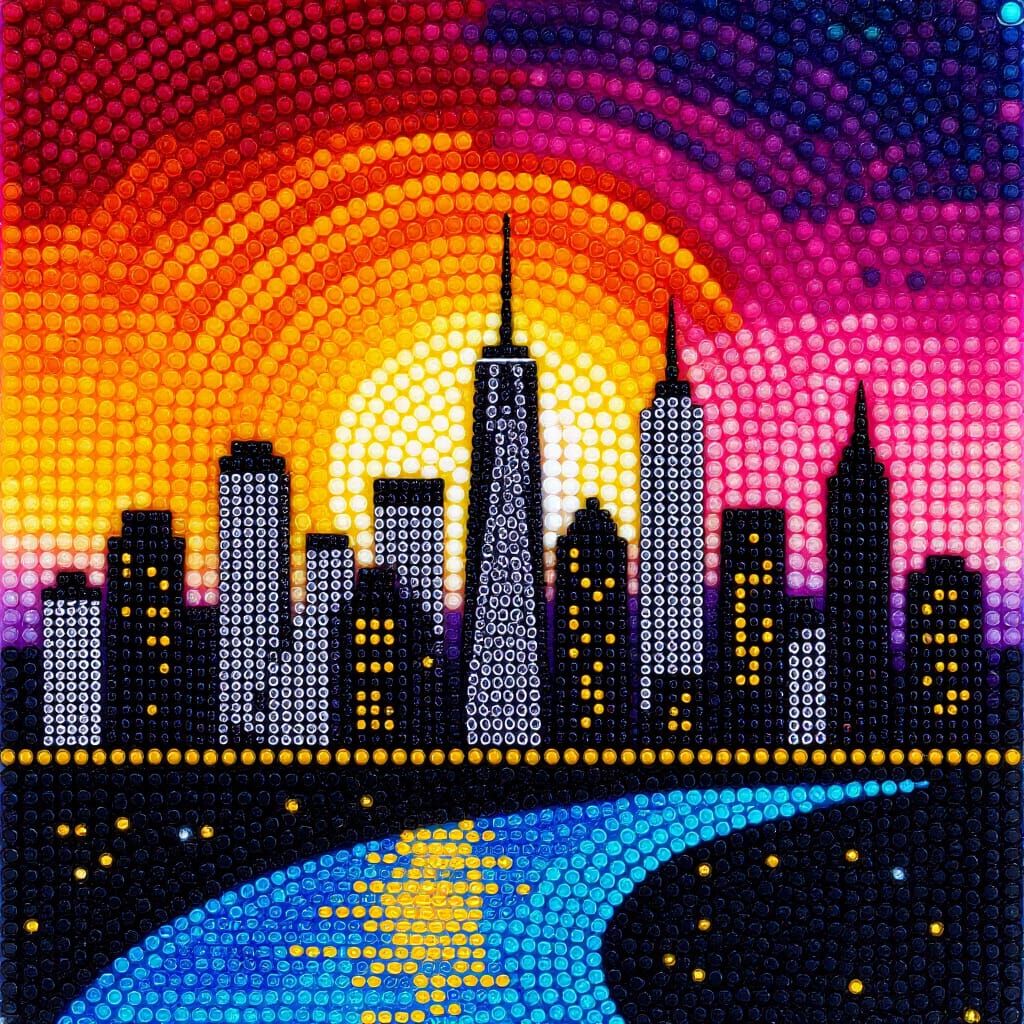 Detailed City Skyline at Sunset in 2D Bead Artwork
