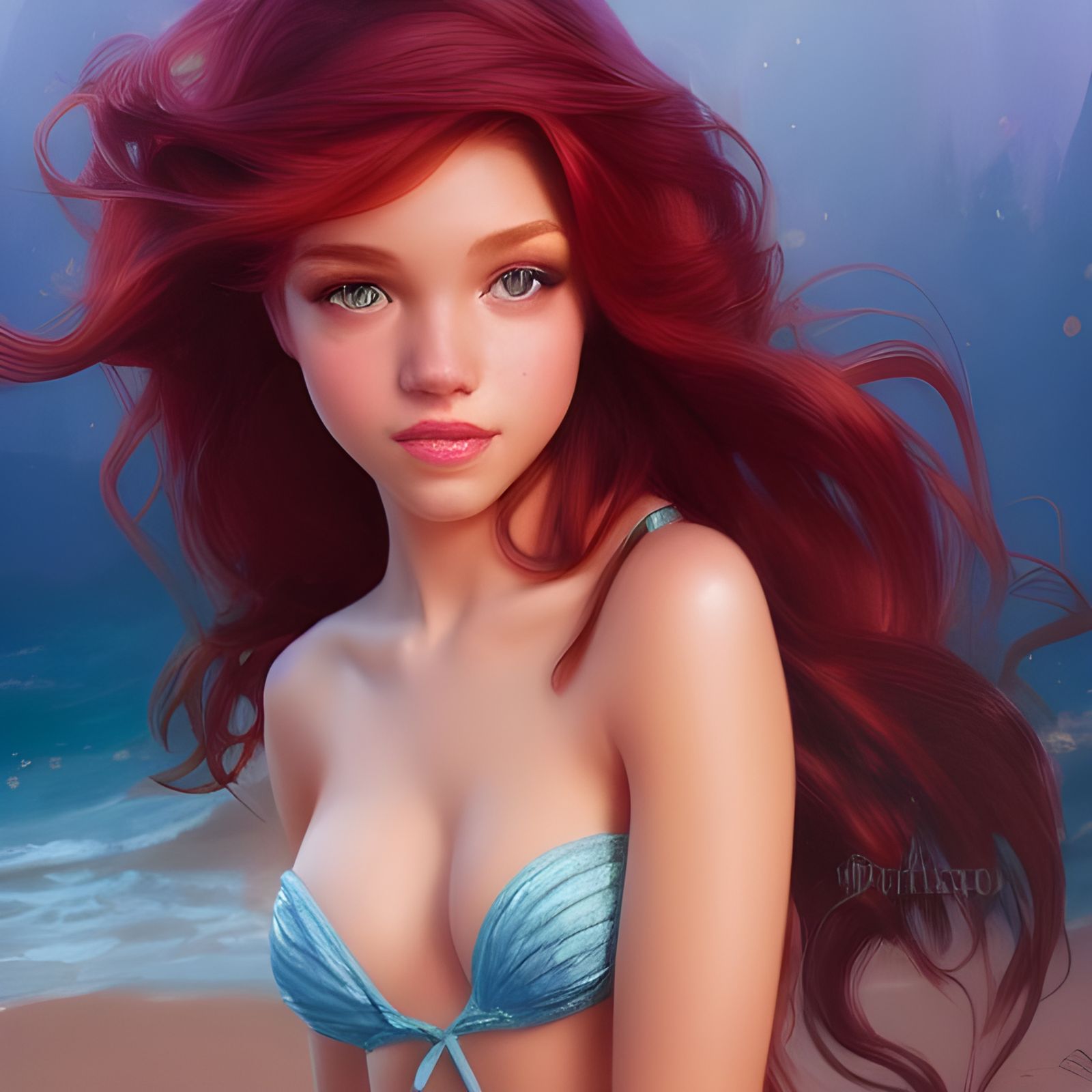 Ariel Portrait in Disney Bikini, Hyperdetailed Art