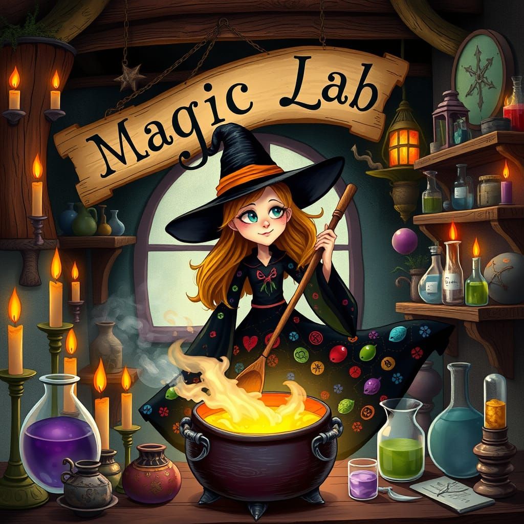 Whimsical Witch Concocts Magic in Enchanted Laboratory