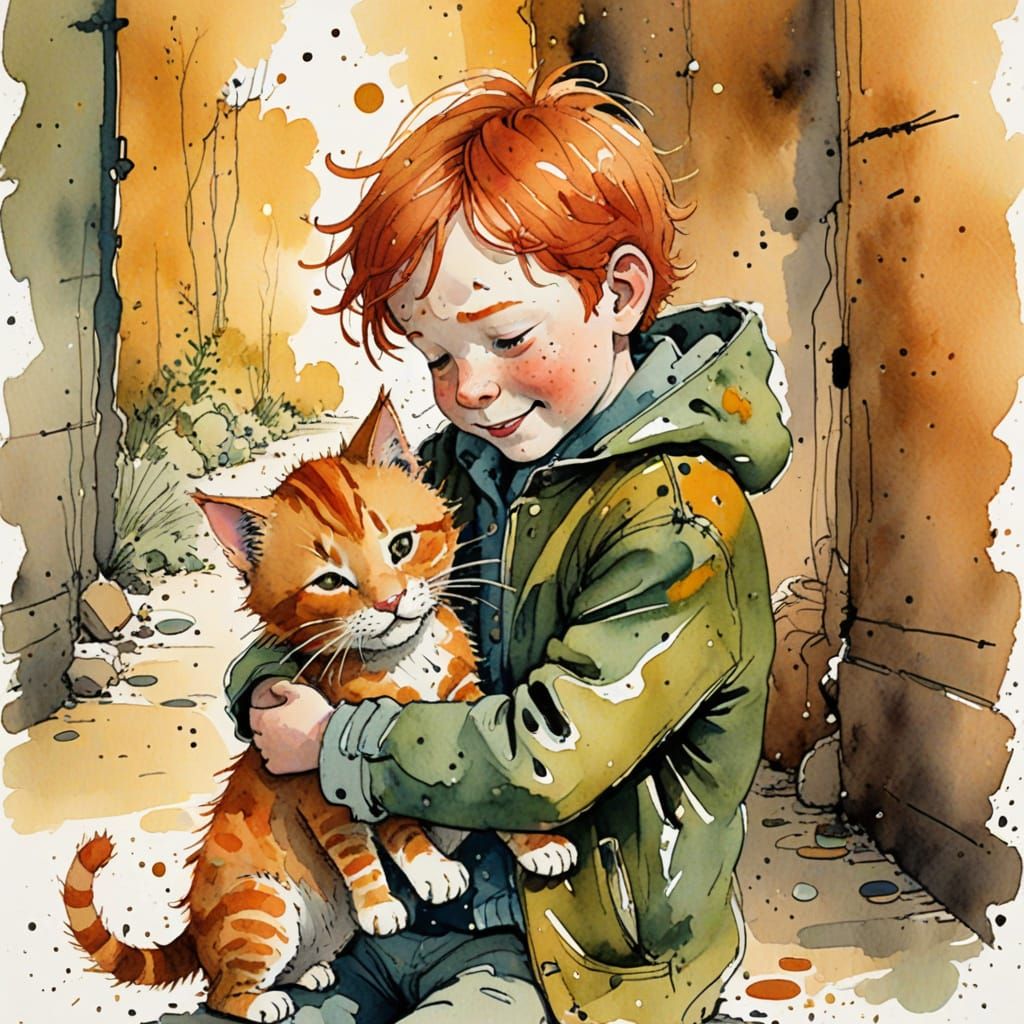 Whimsical Toddler Boy and Ginger Cat in Warm, Golden Lightin...