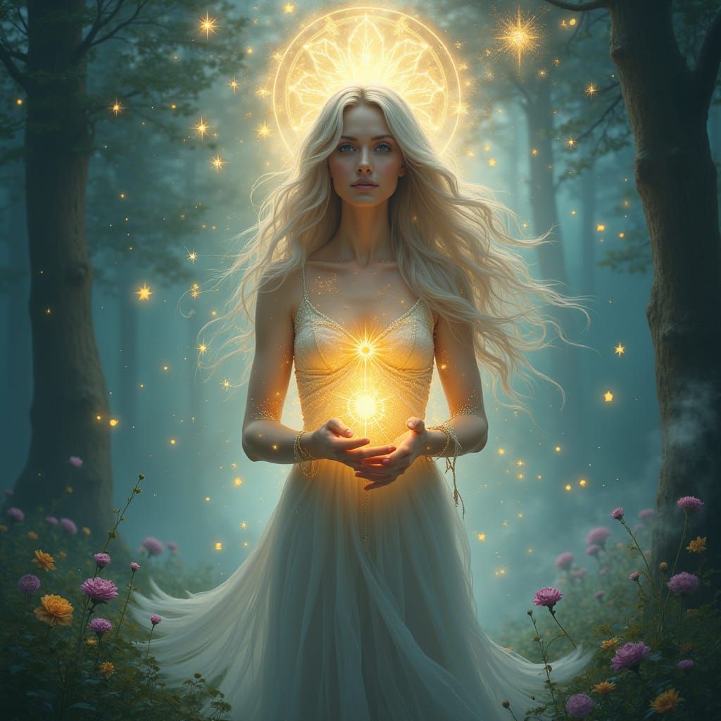 Celestial Woman in Dreamlike Forest: Fantasy Realism