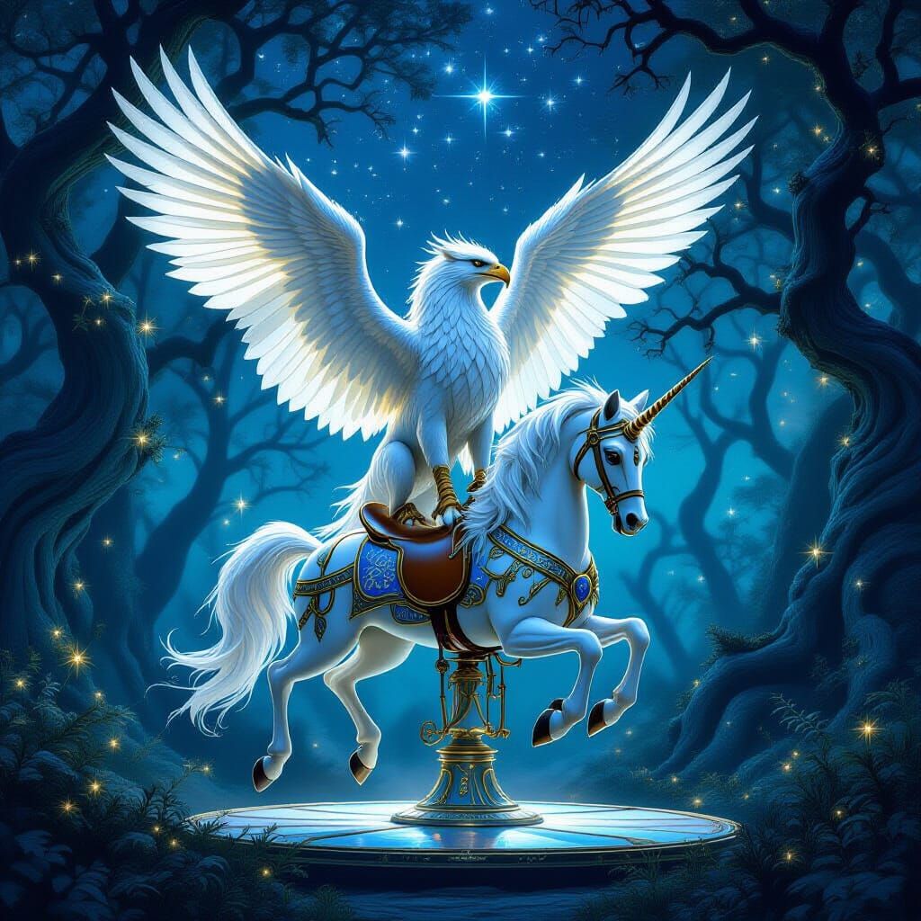 Griffin on Moonlight Horse in Ethereal Forest Clearing