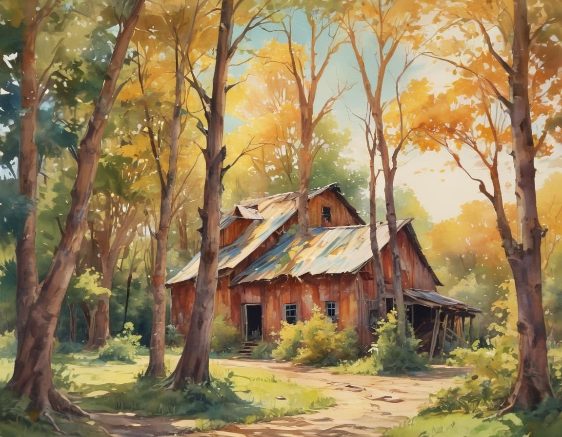 Vintage Barn Surrounded by Trees in Watercolor