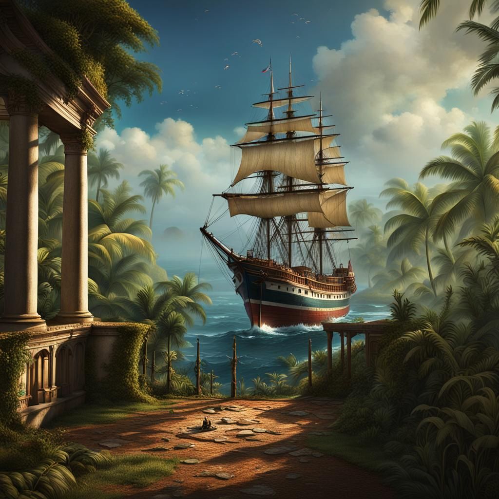Jamaican Plantation View with Ship, Fantasy Art