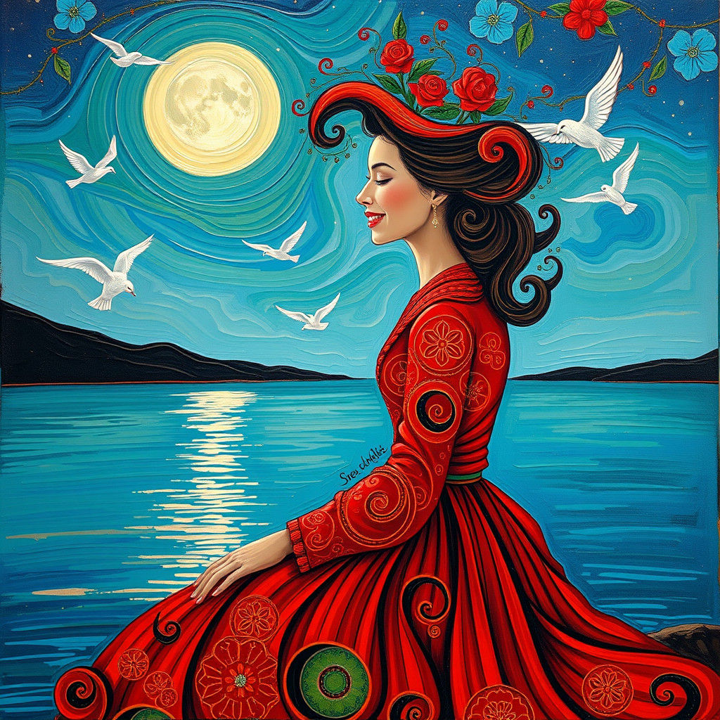 🌹Sous la lueur argentée de la lune, elle contemple le lac, enveloppée de roses et de rêves🌹