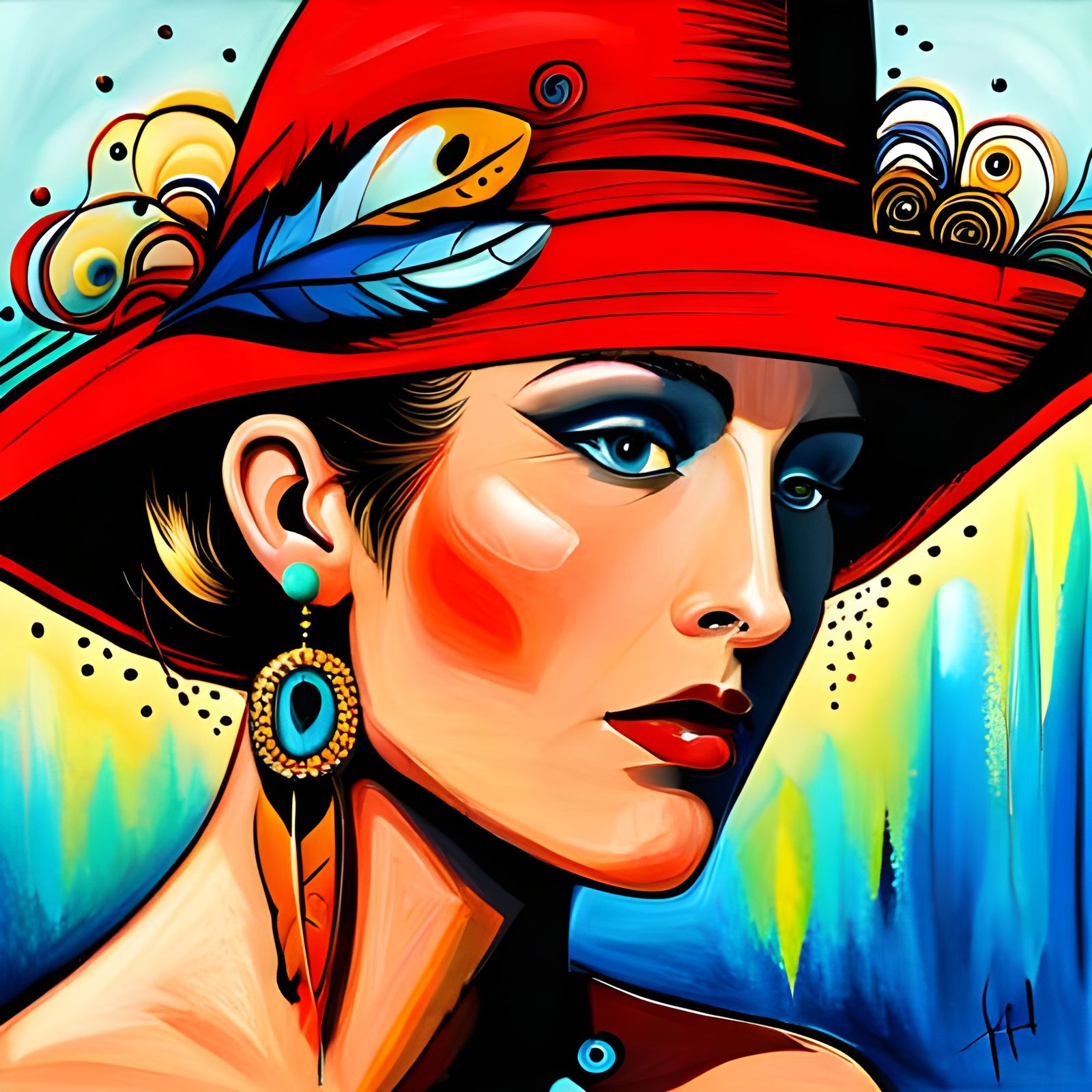 Abstract Feathered Hat in Complementary Colors