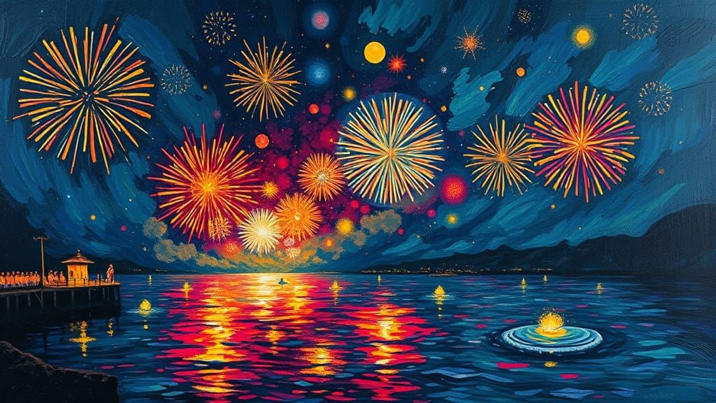 Vibrant Night Sky over the Ganga River in Expressive Brushst...