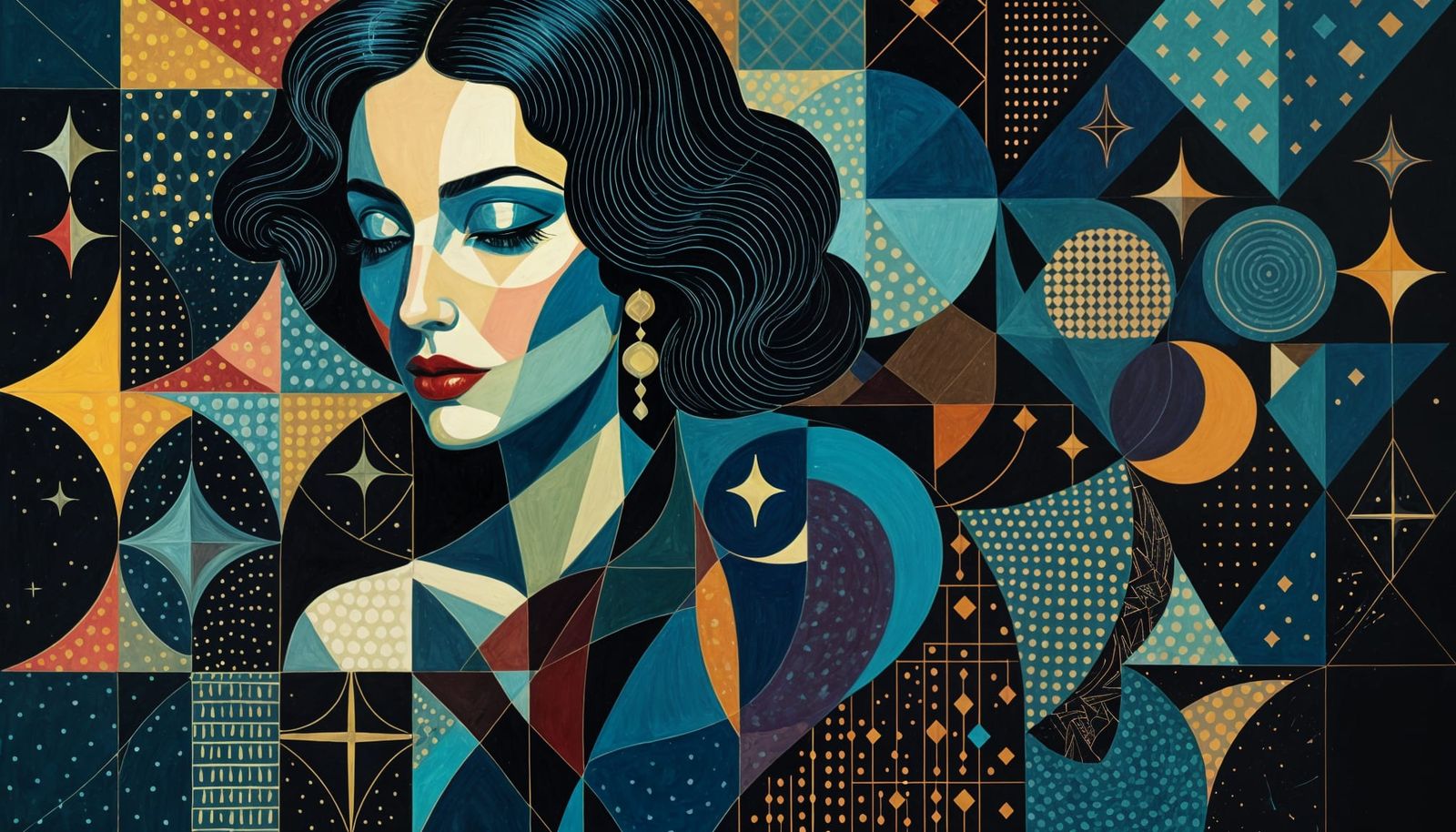 Neo-Cubist Art Deco Painting with Sfumato