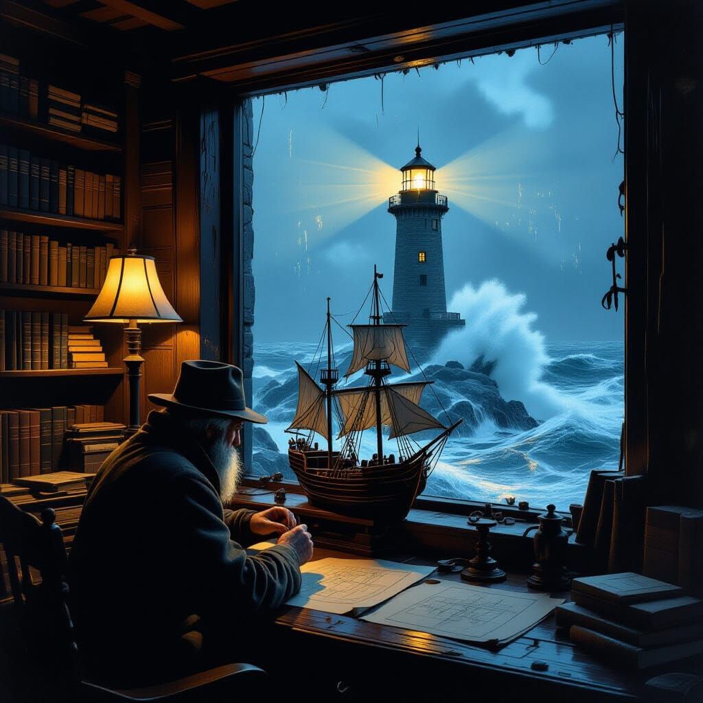 Lighthouse Keeper Carving Ships in Stormy Realism