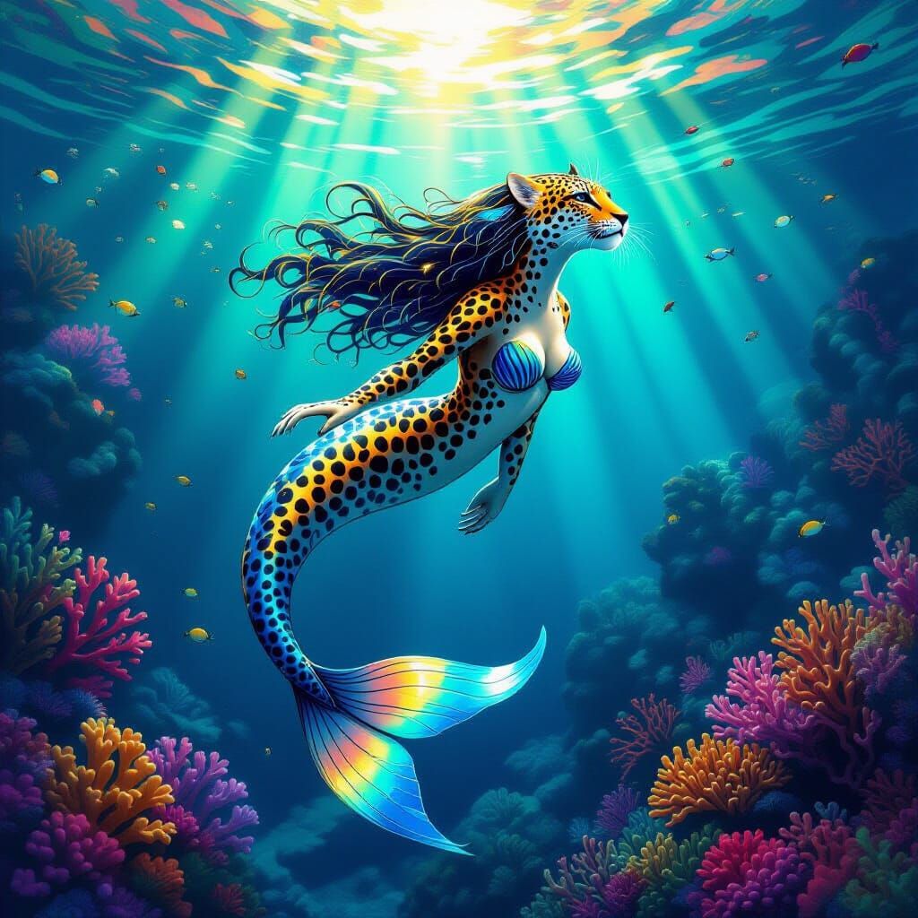 Leopard Mermaid in Coral Reef Fantasy Digital Painting