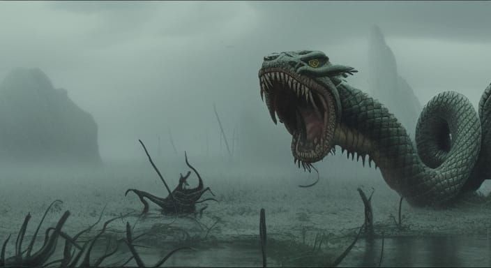 Seven-Headed Hydra in Foggy Marsh