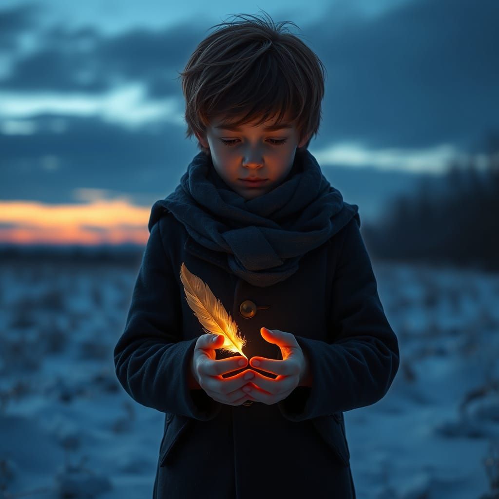 Semi-Realistic Painting of Boy in Snowy Field at Twilight