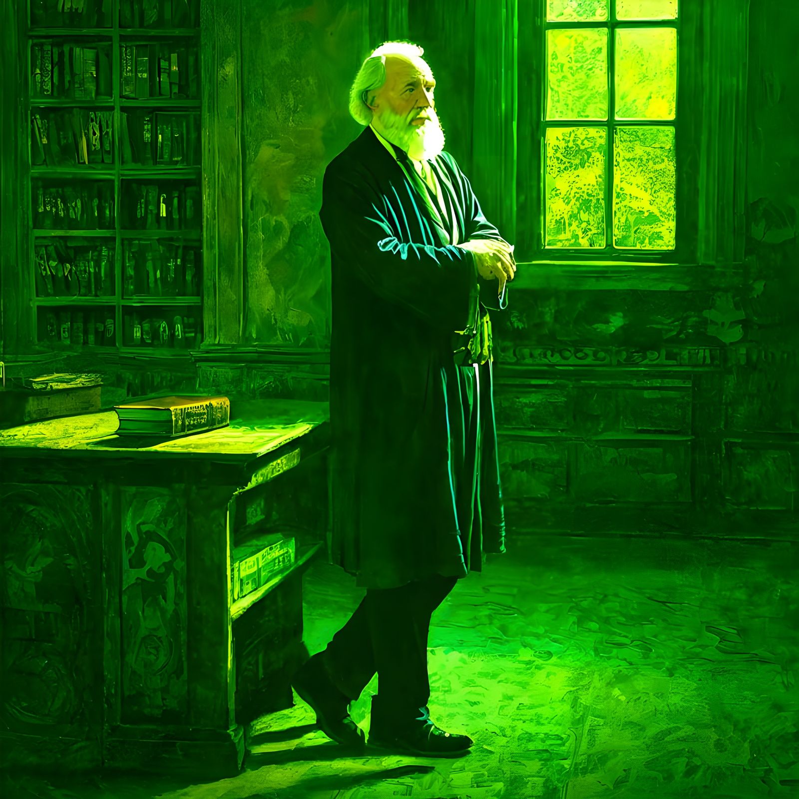 Wise Old Scholar in Ancient Library, Oil Painting Style